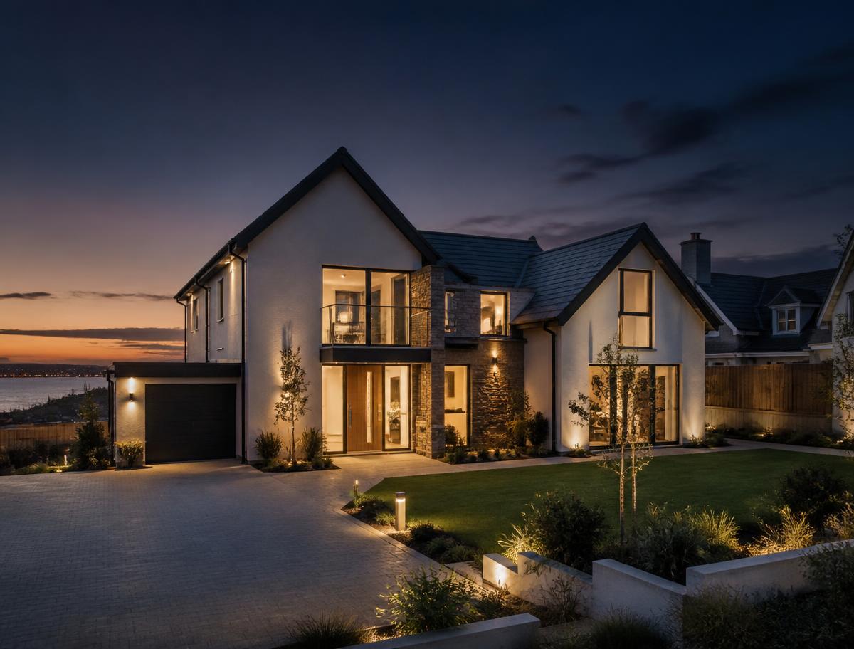 Energy-efficient modern home at dusk